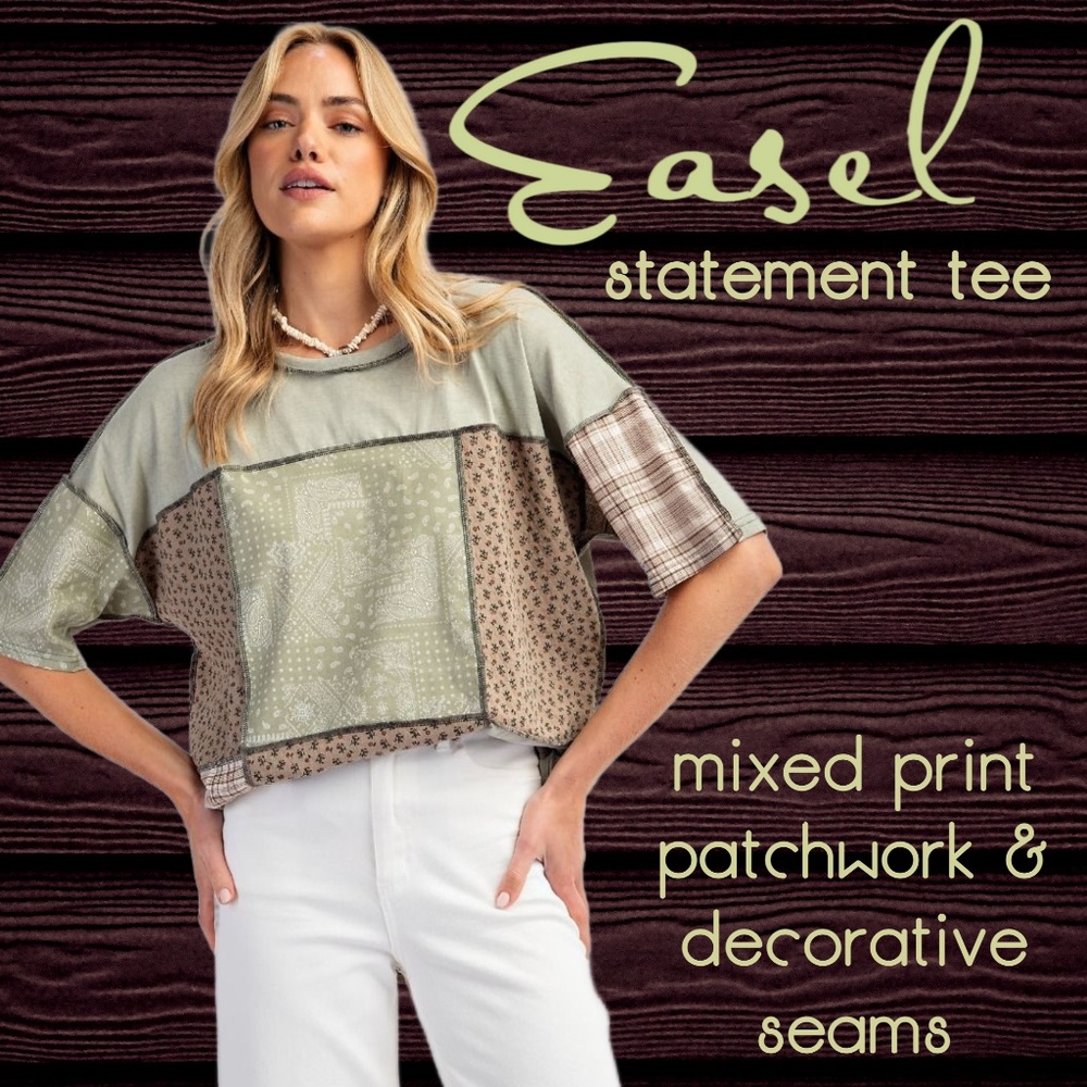 EASEL “Statement Tee” 100% Cotton Mix Print Patchwork Half Sleeves Exposed Seams